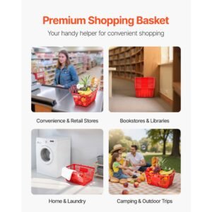shopping baskets, 12 pcs, 21l stackable pe plastic grocery baskets with metal handles, dense mesh structure, holds up to 20 lbs, portable for grocery, retail, stores, supermarket, home use, red