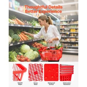 shopping baskets, 12 pcs, 21l stackable pe plastic grocery baskets with metal handles, dense mesh structure, holds up to 20 lbs, portable for grocery, retail, stores, supermarket, home use, red