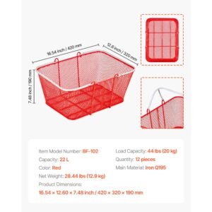 shopping baskets, 12 pcs, 22l stackable metal grocery baskets with handles, dense mesh structure, holds up to 44 lbs, portable for grocery, retail, stores, supermarket, bookstore, home use, red