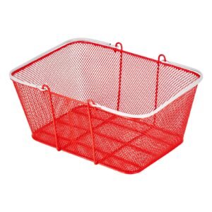 shopping baskets, 12 pcs, 22l stackable metal grocery baskets with handles, dense mesh structure, holds up to 44 lbs, portable for grocery, retail, stores, supermarket, bookstore, home use, red