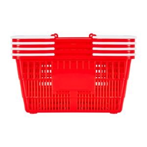 shopping baskets, 4 pcs, 21l stackable pe plastic grocery baskets with handles, dense mesh structure, holds up to 20 lbs, portable for grocery, retail, stores, supermarket, home use, red