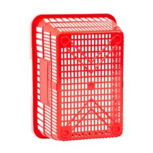 shopping baskets, 4 pcs, 21l stackable pe plastic grocery baskets with handles, dense mesh structure, holds up to 20 lbs, portable for grocery, retail, stores, supermarket, home use, red