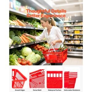shopping baskets, 4 pcs, 21l stackable pe plastic grocery baskets with handles, dense mesh structure, holds up to 20 lbs, portable for grocery, retail, stores, supermarket, home use, red