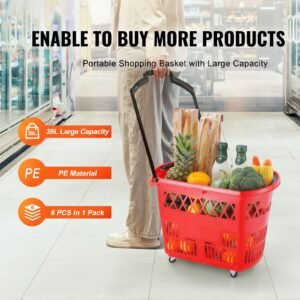 shopping baskets, 6pcs, 39l shopping carts with handles, plastic rolling shopping basket with wheels, large portable shopping basket set for supermarkets, retail stores, grocery shopping, red