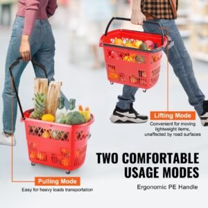shopping baskets, 6pcs, 39l shopping carts with handles, plastic rolling shopping basket with wheels, large portable shopping basket set for supermarkets, retail stores, grocery shopping, red
