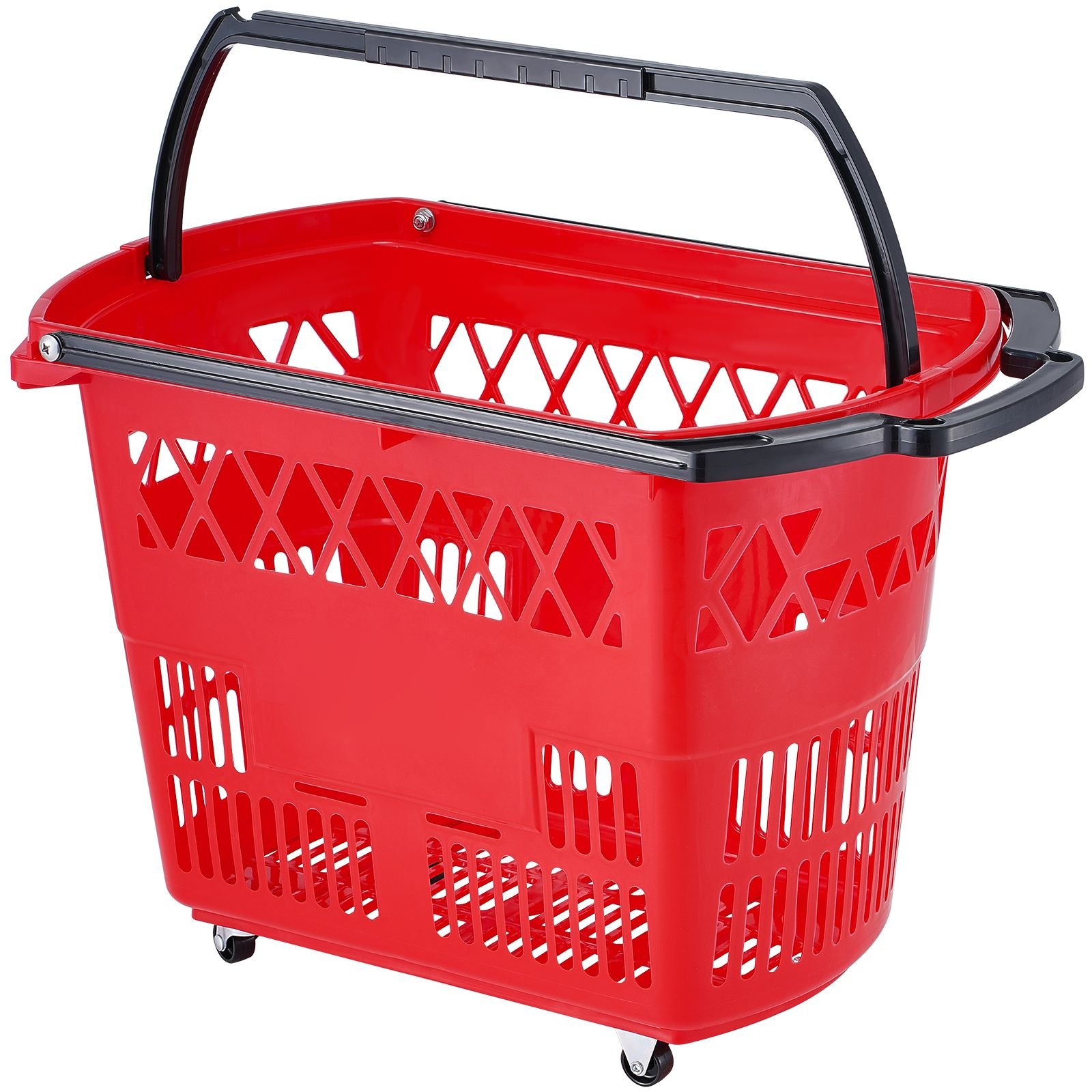 shopping baskets, 6pcs, 39l shopping carts with handles, plastic rolling shopping basket with wheels, large portable shopping basket set for supermarkets, retail stores, grocery shopping, red