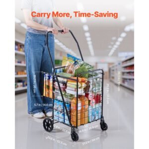 shopping cart, folding grocery utility cart with dual baskets, waterproof liner & wheels, 100 lbs large load capacity, heavy duty laundry basket for laundry, shopping, camping, grocery, luggage