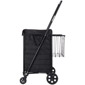 shopping cart, folding grocery utility cart with dual baskets, waterproof liner & wheels, 100 lbs large load capacity, heavy duty laundry basket for laundry, shopping, camping, grocery, luggage