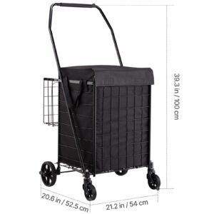 shopping cart, folding grocery utility cart with dual baskets, waterproof liner & wheels, 100 lbs large load capacity, heavy duty laundry basket for laundry, shopping, camping, grocery, luggage