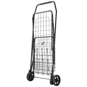 shopping cart, folding grocery utility cart with dual baskets, waterproof liner & wheels, 100 lbs large load capacity, heavy duty laundry basket for laundry, shopping, camping, grocery, luggage