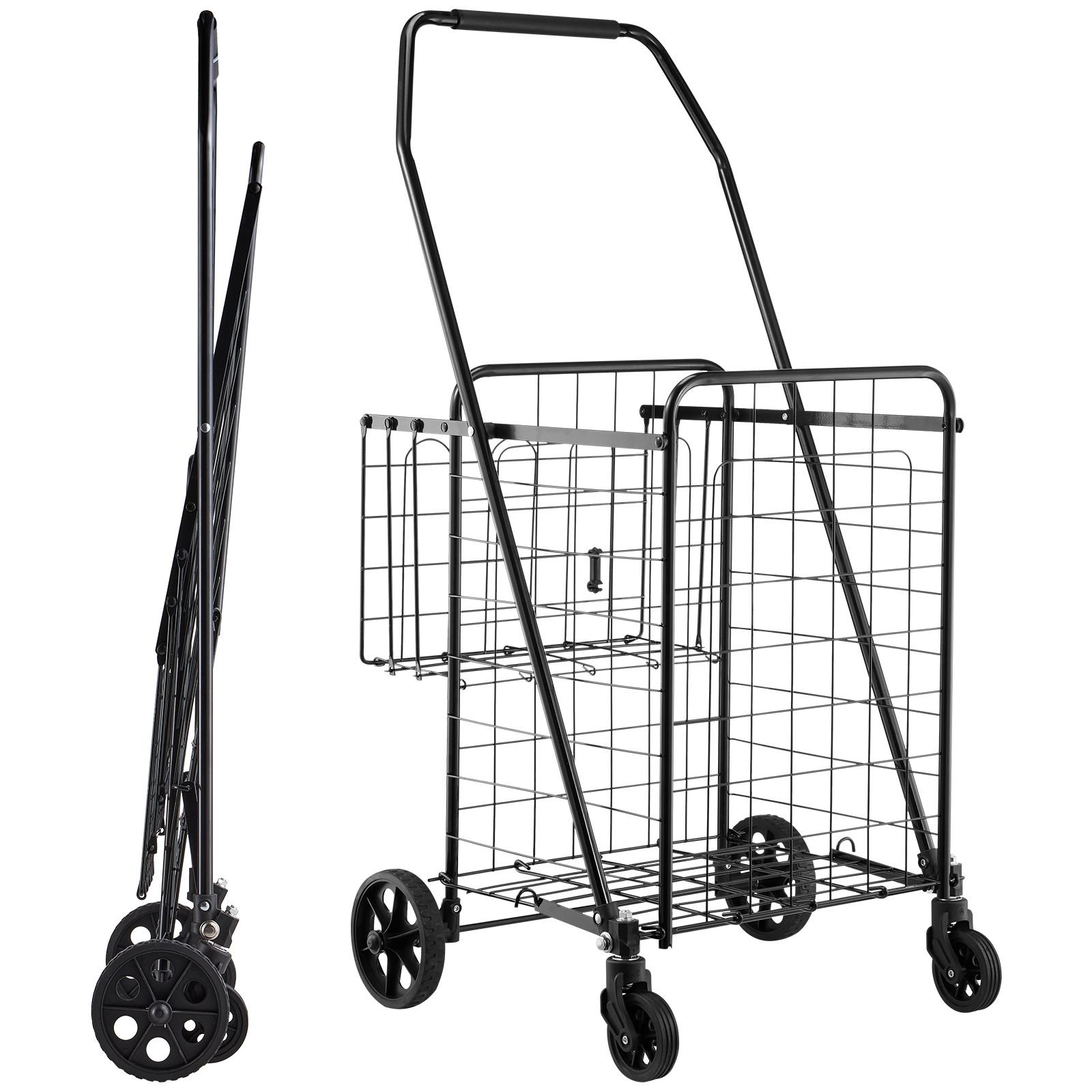 shopping cart, folding grocery utility cart with dual baskets, waterproof liner & wheels, 100 lbs large load capacity, heavy duty laundry basket for laundry, shopping, camping, grocery, luggage
