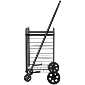 shopping cart, folding grocery utility cart with swivel wheels, 90 lbs large load capacity, heavy duty rolling laundry basket butler for laundry, shopping, camping, grocery, luggage, black