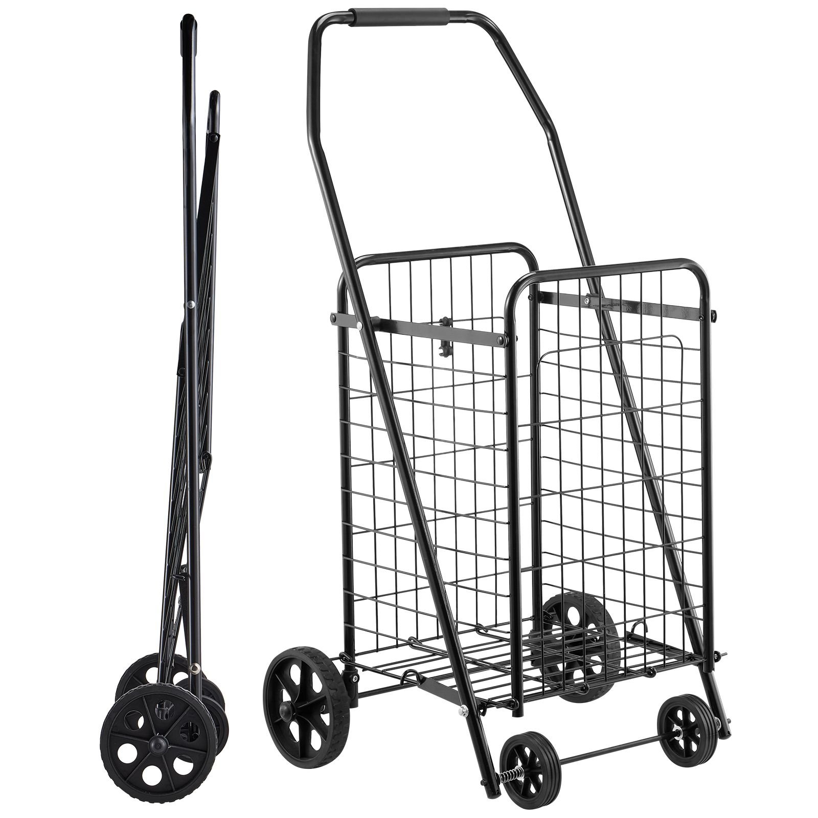 shopping cart, folding grocery utility cart with swivel wheels, 90 lbs large load capacity, heavy duty rolling laundry basket butler for laundry, shopping, camping, grocery, luggage, black