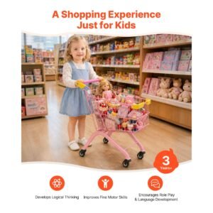 shopping cart for kids, sturdy steel frame, grocery store pretend play toy with wheels, dense mesh basket, toy shopping cart trolley, foldable design, flip open back, for kids & toddlers ages 3+