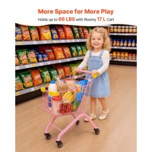 shopping cart for kids, sturdy steel frame, grocery store pretend play toy with wheels, dense mesh basket, toy shopping cart trolley, foldable design, flip open back, for kids & toddlers ages 3+