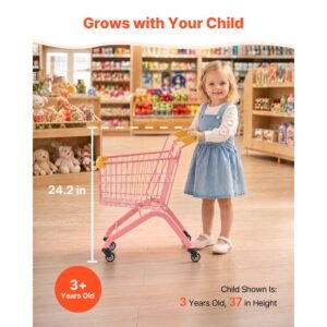 shopping cart for kids, sturdy steel frame, grocery store pretend play toy with wheels, dense mesh basket, toy shopping cart trolley, foldable design, flip open back, for kids & toddlers ages 3+
