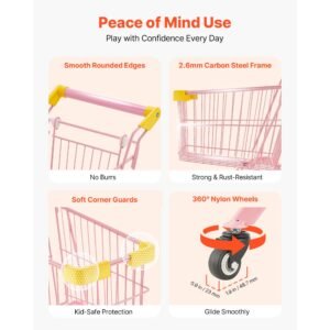 shopping cart for kids, sturdy steel frame, grocery store pretend play toy with wheels, dense mesh basket, toy shopping cart trolley, foldable design, flip open back, for kids & toddlers ages 3+