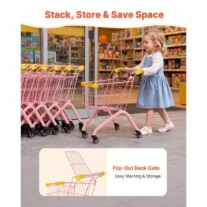 shopping cart for kids, sturdy steel frame, grocery store pretend play toy with wheels, dense mesh basket, toy shopping cart trolley, foldable design, flip open back, for kids & toddlers ages 3+