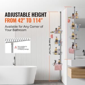 shower corner caddy tension pole, 42" to 114" high, multi functional shower tension pole with strong load bearing tray, rust proof easy to install tension pole, fit for bathroom & washroom