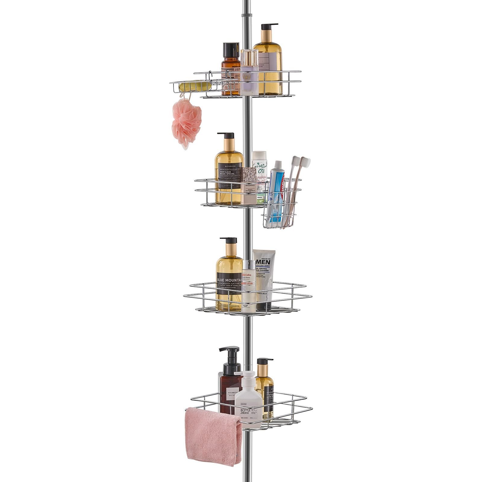 shower corner caddy tension pole, 42" to 114" high, multi functional shower tension pole with strong load bearing tray, rust proof easy to install tension pole, fit for bathroom & washroom