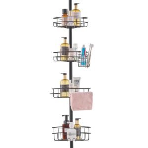 shower corner caddy tension pole, 56" to 114" high, multi functional shower tension pole with strong load bearing tray, rust proof easy to install tension pole, fit for bathroom & washroom