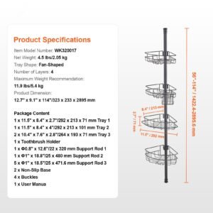 shower corner caddy tension pole, 56" to 114" high, multi functional shower tension pole with strong load bearing tray, rust proof easy to install tension pole, fit for bathroom & washroom