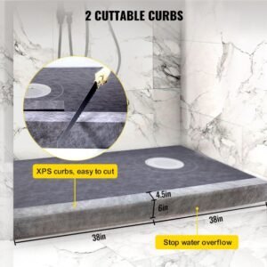 shower curb kit 38" x 60" watertight shower curb overlay with 4" pvc offset bonding flange, 4" stainless steel grate, 2 cuttable shower curb and trowel, shower pan slope sticks fit for bathr