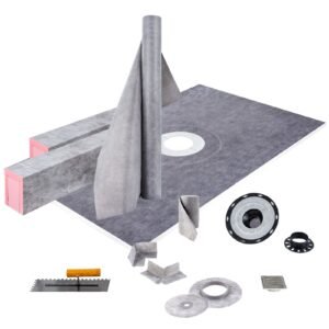 shower curb kit, 38"x60" watertight shower curb overlay with 4" pvc central bonding flange, 4" stainless steel grate, 2 cuttable shower curb and trowel, shower pan slope sticks fit for bathr