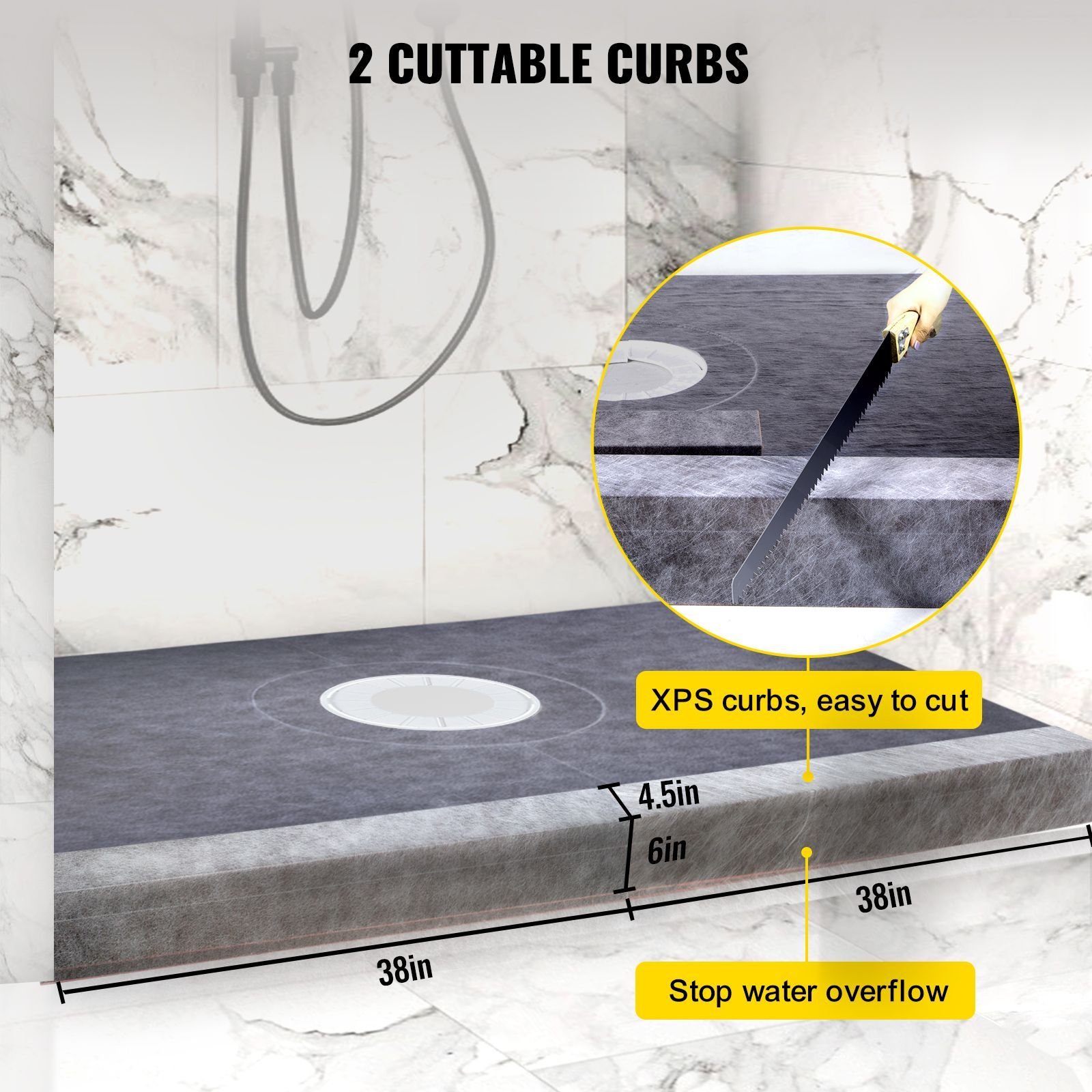 shower curb kit, 38"x60" watertight shower curb overlay with 4" pvc central bonding flange, 4" stainless steel grate, 2 cuttable shower curb and trowel, shower pan slope sticks fit for bathr