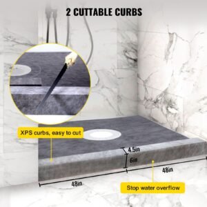 shower curb kit, 48"x48" watertight shower curb overlay with 4" abs central bonding flange, 4" stainless steel grate, 2 cuttable shower curb and trowel, shower pan slope sticks fit for bathr