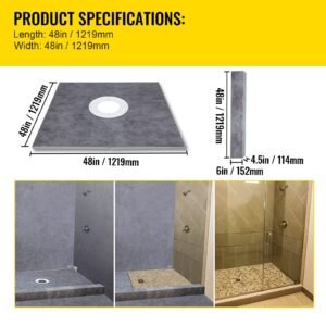 shower curb kit, 48"x48" watertight shower curb overlay with 4" pvc central bonding flange, 4" stainless steel grate, 2 cuttable shower curb and trowel, shower pan slope sticks fit for bathr
