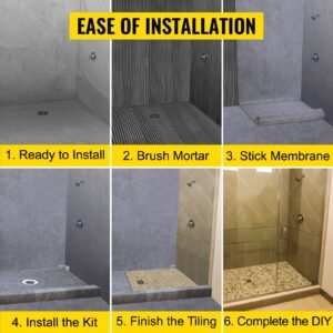shower curb kit, 48"x48" watertight shower curb overlay with 4" pvc central bonding flange, 4" stainless steel grate, 2 cuttable shower curb and trowel, shower pan slope sticks fit for bathr