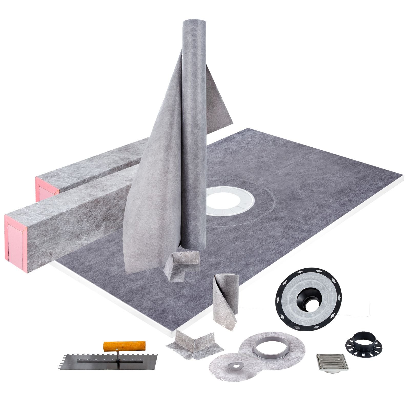 shower curb kit, 48"x72" watertight shower curb overlay with 4" pvc central bonding flange, 4" stainless steel grate, 2 cuttable shower curb and trowel, shower pan slope sticks fit for bathr