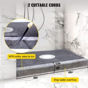 shower curb kit, 48"x72" watertight shower curb overlay with 4" pvc central bonding flange, 4" stainless steel grate, 2 cuttable shower curb and trowel, shower pan slope sticks fit for bathr