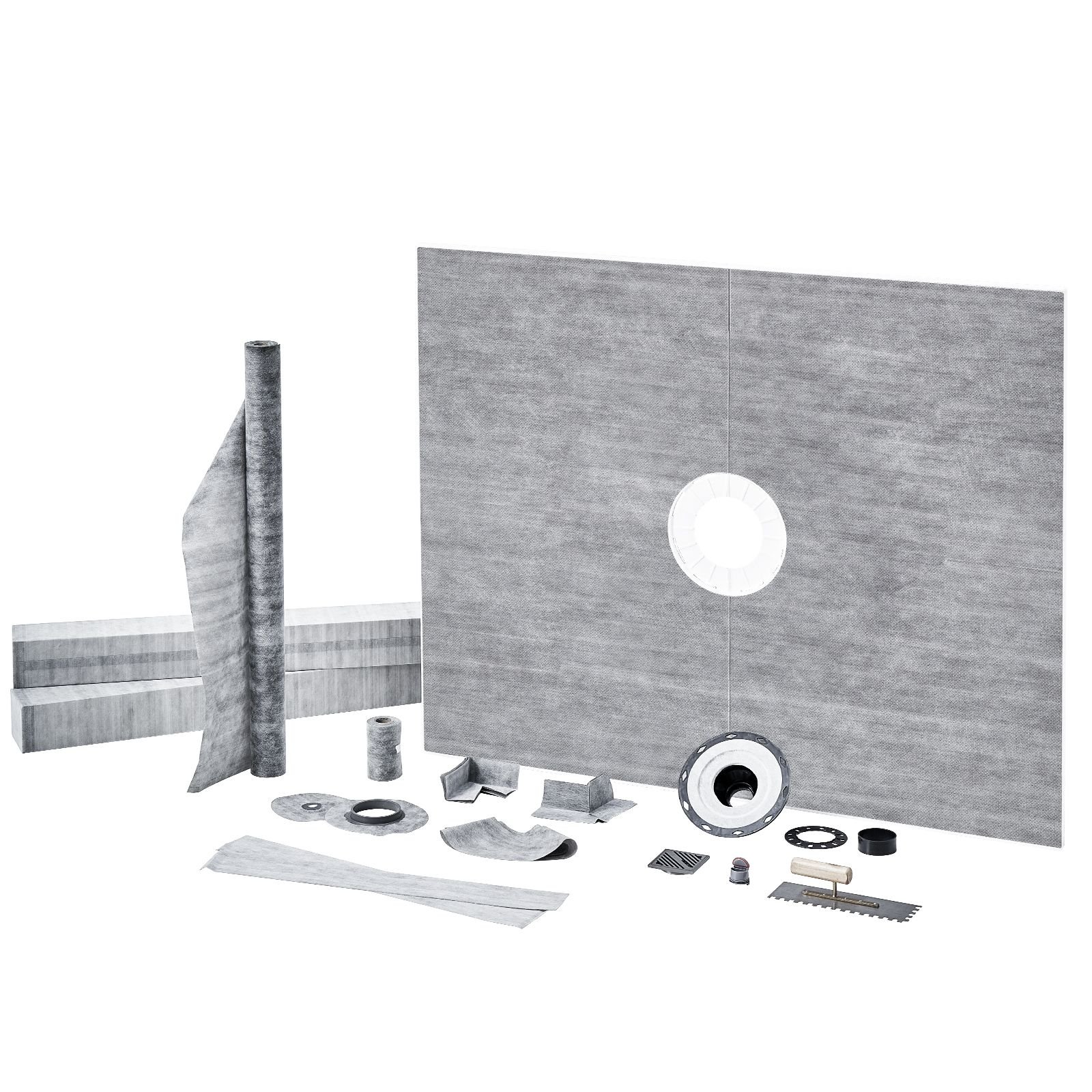 shower curb kit, 60"x48" shower pan kit with 2" pvc central flange, waterproof membrane, stainless steel grate and joint sealant, shower pan slope sticks fit for bathroom