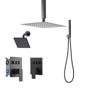 Shower Faucet Set, 10 Inch Ceiling Mount Rainfall Shower System with 6 Inch Wall Mount Head and 2 in 1 Handheld Spray, Rotatable 3-Function Dual Rain Head Brass Valve and Trim Kit, Matte Black