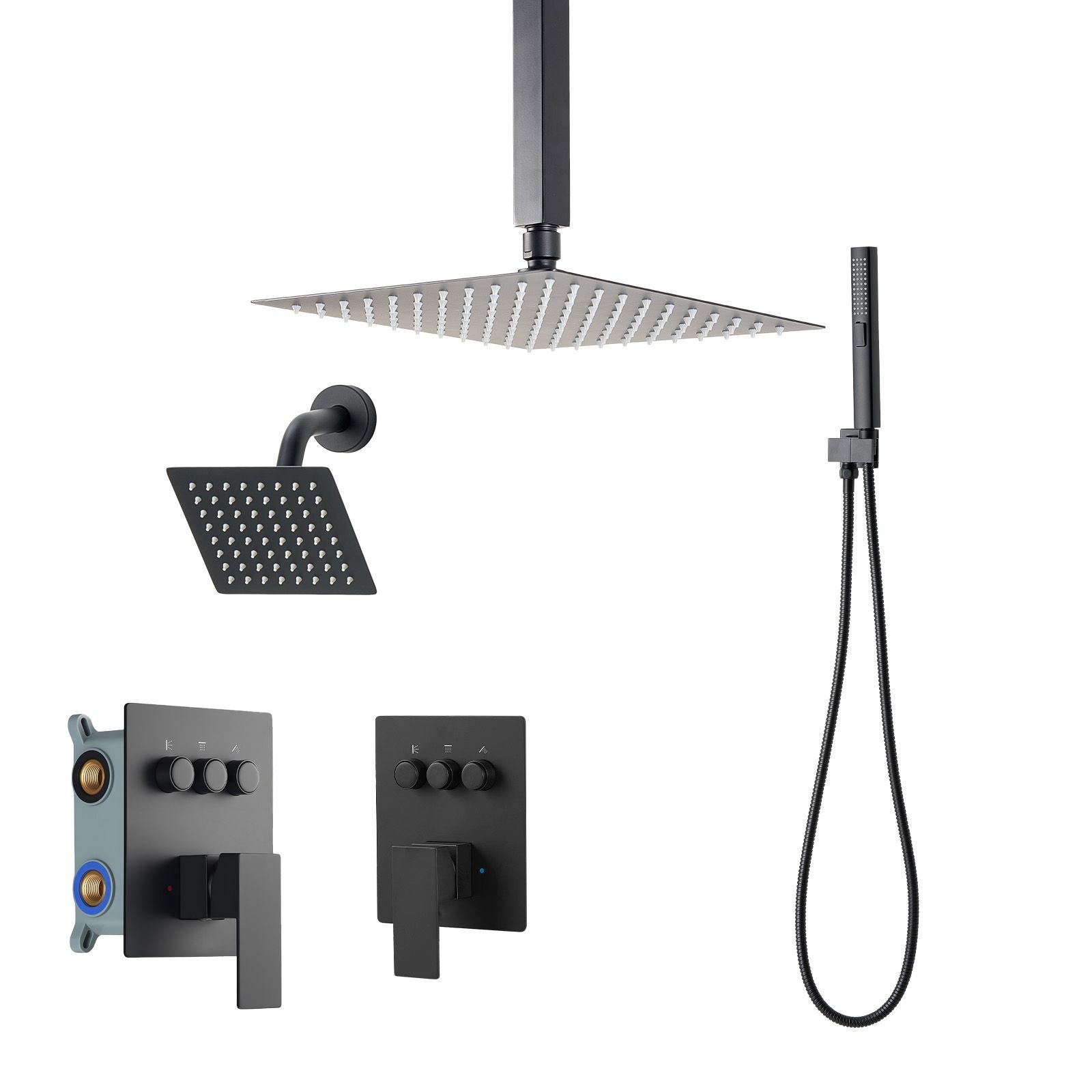 shower faucet set, 10 inch ceiling mount rainfall shower system with 6 inch wall mount head and 2 in 1 handheld spray, rotatable 3 function dual rain head brass valve and trim kit, matte black