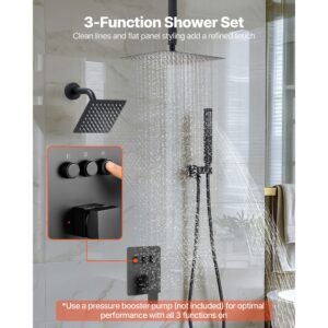 shower faucet set, 10 inch ceiling mount rainfall shower system with 6 inch wall mount head and 2 in 1 handheld spray, rotatable 3 function dual rain head brass valve and trim kit, matte black