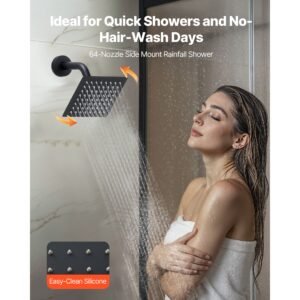 shower faucet set, 10 inch ceiling mount rainfall shower system with 6 inch wall mount head and 2 in 1 handheld spray, rotatable 3 function dual rain head brass valve and trim kit, matte black