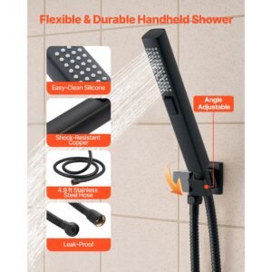shower faucet set, 10 inch ceiling mount rainfall shower system with 6 inch wall mount head and 2 in 1 handheld spray, rotatable 3 function dual rain head brass valve and trim kit, matte black
