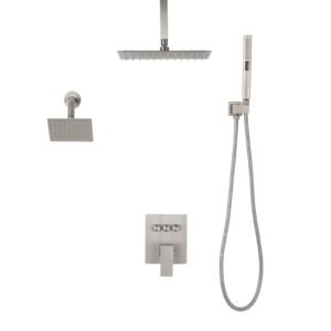 Shower Faucet Set, 10 Inch Ceiling Mount Rainfall Shower System with 6 Inch Wall Mount Head and 2 in 1 Handheld Spray, Rotatable 3-Function Dual Rain Head Brass Valve & Trim Kit, Brushed Nickel