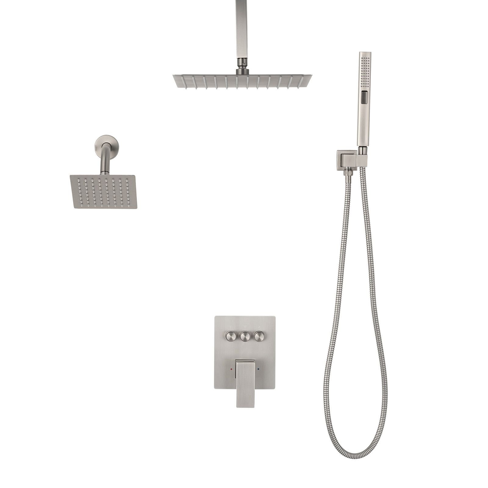 shower faucet set, 10 inch ceiling mount rainfall shower system with 6 inch wall mount head and 2 in 1 handheld spray, rotatable 3 function dual rain head brass valve & trim kit, brushed nickel