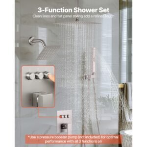 shower faucet set, 10 inch ceiling mount rainfall shower system with 6 inch wall mount head and 2 in 1 handheld spray, rotatable 3 function dual rain head brass valve & trim kit, brushed nickel