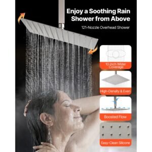 shower faucet set, 10 inch ceiling mount rainfall shower system with 6 inch wall mount head and 2 in 1 handheld spray, rotatable 3 function dual rain head brass valve & trim kit, brushed nickel