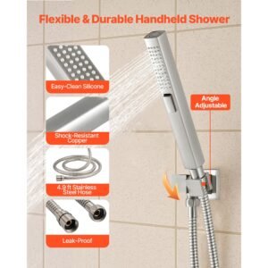 shower faucet set, 10 inch ceiling mount rainfall shower system with 6 inch wall mount head and 2 in 1 handheld spray, rotatable 3 function dual rain head brass valve & trim kit, brushed nickel