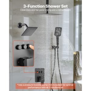 shower faucet set, 12 inch ceiling mount rainfall shower system with 6 inch wall mount head and 4 in 1 handheld spray, rotatable 3 function dual rain head brass valve and trim kit, matte black