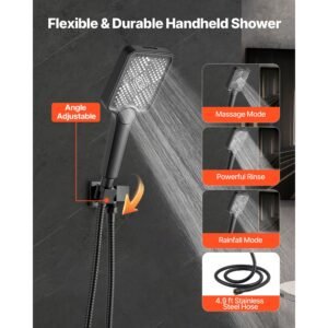 shower faucet set, 12 inch ceiling mount rainfall shower system with 6 inch wall mount head and 4 in 1 handheld spray, rotatable 3 function dual rain head brass valve and trim kit, matte black