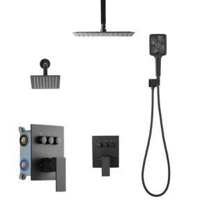 Shower Faucet Set, 12 Inch Ceiling Mount Rainfall Shower System with 6 Inch Wall Mount Head and 4 in 1 Handheld Spray, Rotatable 3-Function Dual Rain Head Brass Valve and Trim Kit, Matte Black
