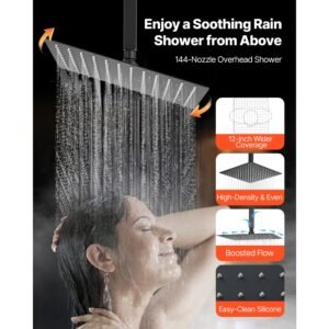 shower faucet set, 12 inch ceiling mount rainfall shower system with 6 inch wall mount head and 4 in 1 handheld spray, rotatable 3 function dual rain head brass valve and trim kit, matte black