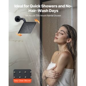 shower faucet set, 12 inch ceiling mount rainfall shower system with 6 inch wall mount head and 4 in 1 handheld spray, rotatable 3 function dual rain head brass valve and trim kit, matte black